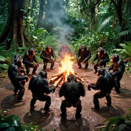 real life 1 2 chimpanzees dancing in circle, bonfire in center, a jungle, cinematic, volumetric lighting, vivid colours, long evil shadows, f 8 aperture, cinematic eastman 5 3 8 4 film, photorealistic