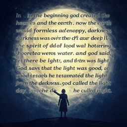 in the beginning god created the heavens and the earth. now the earth was formless and empty, darkness was over the surface of the deep, and the spirit of god was hovering over the waters. and god said, let there be light, and there was light. god saw that the light was good, and he separated the light from the darkness. god called the light day, and the darkness he called night.