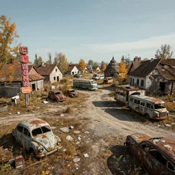 low wide angle shot of dilapidated fallout 5 europa, temperate european hamlet, desolate, dilapidated neon signs, few rusted retro futuristic vintage parked vehicles like cars, buses, trucks, trams, volumetric lighting, photorealistic, daytime, autumn, sunny weather, sharp focus, ultra detailed, 4 0 0 0 k