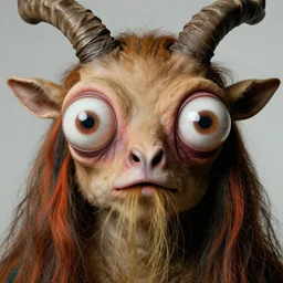 close up portrait of a mutant monster creature with giant protruding eyes bulging out of their eye sockets, exotic orchid - like mouth, long colorful hair growing out of the nostrils, antelope horns. by jan van eyck, audubon