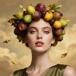 epic close - up portrait of beautiful female face supermodel portrait wearing olive dress and dates fruit crown fruit and golden tea leaves flying in sky by amy leibowitz, wlop, jeremy lipkin, beeple, intricate, artgerm, ilya kuvshinov, golden clouds background