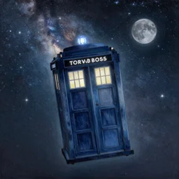 A beautiful painting of TARDIS flying in milky way with one moon and star light by Ivan Konstantinovich Aivazovsky