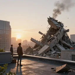 people on rooftop looking city collapsing, sunrise, hyperdetailed, artstation, cgsociety, 8 k
