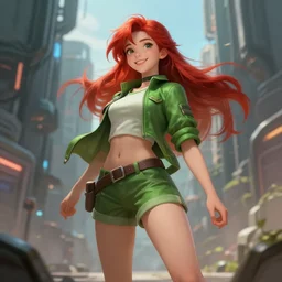 beautiful cute athletic red haired eighteen year old girl standing up, casual green clothing, long hair, cyberpunk city, cute smiling face, dynamic pose, rpg character, sci - fi, intricate, elegant, digital painting, artstation, concept art, smooth, 8 k frostbite 3 engine, ultra detailed, art by artgerm and greg rutkowski and magali villeneuve