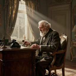 An extremely detailed render of a 200 years old man with very old clothes, sitting at his Louis XIV desk, with very old curtains in the room, very old room. The very very very old man has a 1880 phone on his desk. Dust in the air, god rays, raytracing shadows, ambient occlusion, 8K, RTX 3090, trending on artstation, lumens