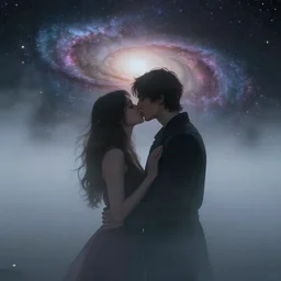 couple, mystical, with fog, kissing, on galaxy, high resolution, cyberpunk, video game, digital art, with stars