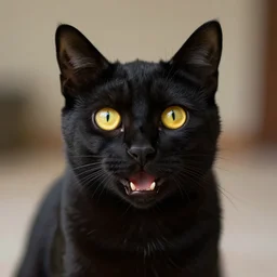 black cat with big yellow eyes gazing at the camera with open mouth, 4 k, blurred background, uncanny