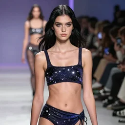 olivia wearing an outfit made from star matter, runway model at new york fashion week, sporty physique, black hair, freckles, pale skin, photo by greg rutkowski, stage lighting, soft colors, female beauty, intricate detail, elegance, 3 5 mm, depth of field, masterpiece