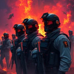 special forces in grey uniforms black armored vest black helmets in burning mali, epic, by victo ngai, kilian eng vibrant colours, dynamic lighting, digital art, winning award masterpiece, fantastically beautiful, illustration, aesthetically inspired by beksinski and dan mumford, trending on artstation, art by greg rutkowski, 8 k