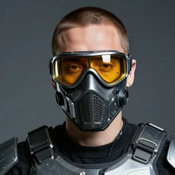 young eminem wearing a futuristic ballistic face mask with amber eye goggles built in, with mirrored reflective lenses, and body armor.