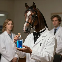 an elegant horse dressed as a scientist holds a modern transparent little bottle filled with vivid blue iridescent liquid, art highly detailed, by frank frazetta, keith parkinson and greg rutkowski and aleksandra skiba, concept art,