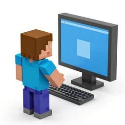 block figures looking like roblox figures or minecraft players, playing with a computer in a block world, having fun in the sun, bright and fun colors