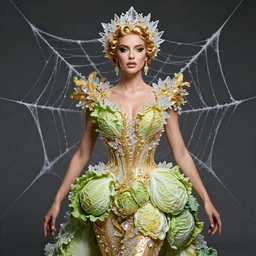 expressive portrait of a beautifull godess in golden spiderweb with ice crystals, dress made of cabbages, glamour shot, by karol bak, stefan gesell, photorealistic, nikon d 4 x, fashion photography, hyper maximalist, elegant, ornate, luxury, elite, environmental portrait, symmetrical features, octane render, unreal engine, solid dark grey background, dramatic lights,