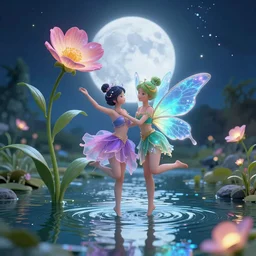 a flower and magical fairy dancing in a river with de moon glow in the background vibrant lighting, octane render, trending on artstation, hyperrealistic, character photography
