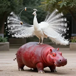 a white peacock plays with a yoyo on a round red hippo
