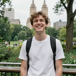 photo of a young man in central park with a laughing face and a sad face