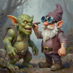fantasy oil paint of a gnome with goggles tatooing a troll, modern clothing, funny