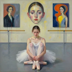 portrait of nervous young girl ballerina sitting on the floor focusing in a dance hall by hernan bas and francis bacon and pat steir and hilma af klint, psychological, symmetrical face, dripping paint, washy brush, matte painting, rendered in octane, altermodern, masterpiece