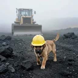 puppy working in a dusty coal mine, wearing hard hat, fog, bulldozer in background, photo from 1 9 9 8,