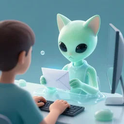alien catgirl using a computer to check her email submerged in translucent goo, over the shoulder perspective, in 1 9 8 5, y 2 k cybercore, industrial low - light photography, still from a kiyoshi kurosawa movie