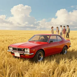 retro 1 9 7 0 s red candy classic torana lx in fields of gold, concept car art by jesper ejsing, feng zhu, makoto shinkai, lois van baarle, ilya kuvshinov, rossdraws. clouds by rhads. global light 3 d rtx hdr