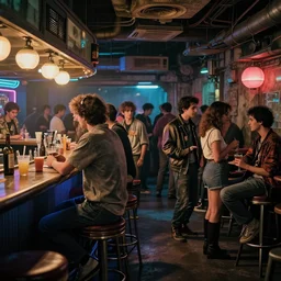 photograph of retro techwear coed loitering near the bar of a packed busy rundown nightclub, retrofuturism, brutalism, cyberpunk, sigma 85mm f/1.4, 35mm, 4k, depth of field, high resolution, 4k, 8k, hd, highly detailed, full color