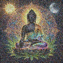 rainbowcore, black buddha glowing, surrounded by marijuana leaves, with the sun shining with the moon, with detailed mandala filled with fractals, bioluminescence, glowing runes, de-noise, symmetrical composition