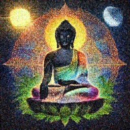 rainbowcore, black buddha glowing, surrounded by marijuana leaves, with the sun shining with the moon, with detailed mandala filled with fractals, bioluminescence, glowing runes, de-noise, symmetrical composition