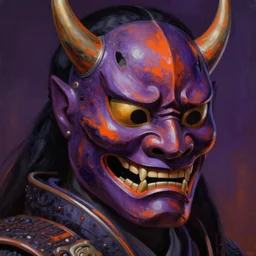 baroque neoclassicist close - up portrait of a cyberpunk retrofuturistic cyberpunk japanese samurai warrior wearing an oni mask. dark purple and orange iridescent and reflective textures. highly detailed science fiction painting by norman rockwell, frank frazetta, syd mead, and yoshitaka amano. rich colors, high contrast, gloomy atmosphere. trending on artstation and behance.
