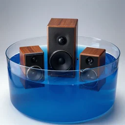 1 9 7 0 s hi - fi set submerged in a large tank of dyed blue water, product photography, studio lighting, catalog scan