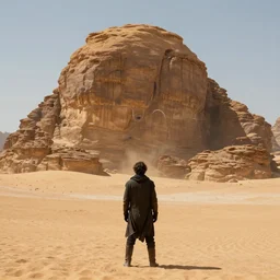 Javier Bardem as Stilgar from Dune 2021 gazing at a massive rock outcrop in the desert, XF IQ4, f/1.4, ISO 200, 1/160s, 8K, RAW, unedited, symmetrical balance, in-frame