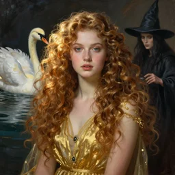 gold roberto ferri art, leda young woman curly long hair with swan painting witch