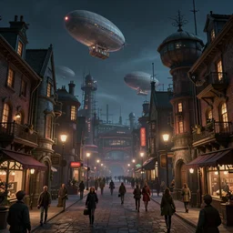 a highly detailed matte painting of a victorian industrial street filled with people at night, dieselpunk zeppelins in the sky, by artgerm, by wlop, by greg rutkowski, volumetric lighting, octane render, 4 k resolution, trending on artstation, masterpiece