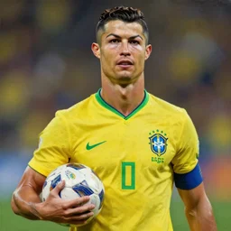 portrait of ronaldo holding a soccer ball, wearing the yellow brazil soccer shirt, shaved head, painting by rembrandt, high quality, very beautiful, detailed, 4 k