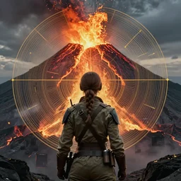 back view of a woman war hero standing before an erupting volcano cinematic theatrical lighting dramatism anton fadeev greg rutkowski intricate 3 2 k trending on artstation cgsociety contest winner award winning golden ratio centered minutia details