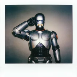 a Polaroid of Robocop posing with his hand behind his head
