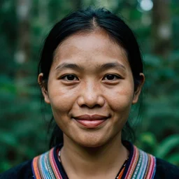 a ultra high resolution close - up of asian woman from tai tribe in lush green forest. photo from the front. idol - look and beautiful woman is smiling and has eye contact with the camera. face is clear and symetrical. the light is dim, and the colours are muted. kodak etkar 1 0 0.