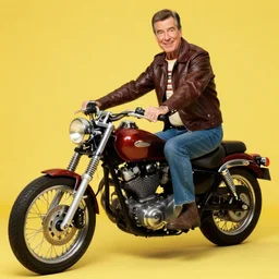 studio color still of fred rogers with tattoos riding a motorcycle, leather jacket