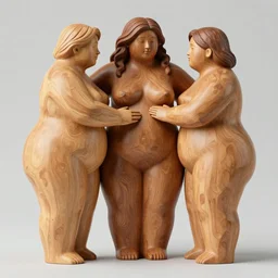 curvy smooth wood sculpture of three beautiful fat androgynous polyamorous diverse people caressing