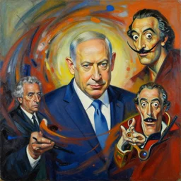 benjamin netanyahu swirling into madness, abstract painting, by michael cheva and salvador dali and wayne barlowe