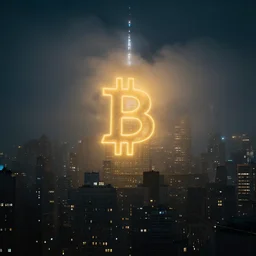 The bitcoin signal shines into the clouds over new york city on a dark, foggy night, photo realistic