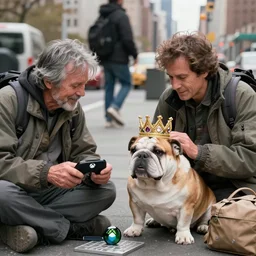 Buddy the graying middle aged homeless man playing xbox and petting an english bulldog wearing a crown, dog wearing a crown, humans of new york