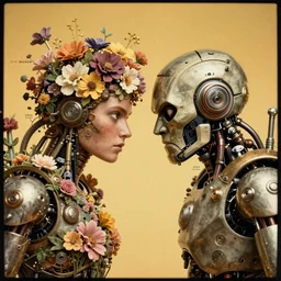 a beautiful ultradetailed vintage photo of two angry cyborgs butting heads, by tom bagshaw and anna dittman, portrait, vignette, 8 5 mm lens, golden ratio composition, detailed faces, studio photography, very detailed, humanoids overgrown with flowers, industrial robots, artstation, 8 k, highly coherent