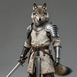 portrait photograph of a medieval warrior from koingation, human with wolf ears and a wolf tail, holding an arming sword wearing light leather armor, fantasy character design, hyper realistic