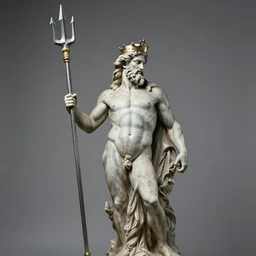 statue of Poseidon with trident and crown, studio lighting, grey background