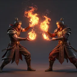 pyrokinetic wizards sparring with fireballs. digital art. chris rahn. ruan jia. bussiere. detailed. photo realistic. unreal engine. trending on artstation. award winning artwork.