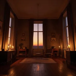 appartment of henry darger, candlelight, sunset glow, dark shadows, octane render, volumetric lighting, raytracing, symmetrical wide shot low angle