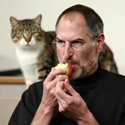 steve jobs eating apple while there is a cat behind him