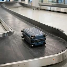 a lonely medium sized suitcase on an airport industrial conveyor belt, moving on its way to a plane, industrial conveyor belt