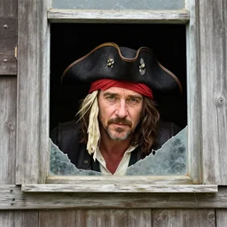 russell crowe wearing a too wide silly pirate hat behind a dirty window and wooden wall peering out to the camera